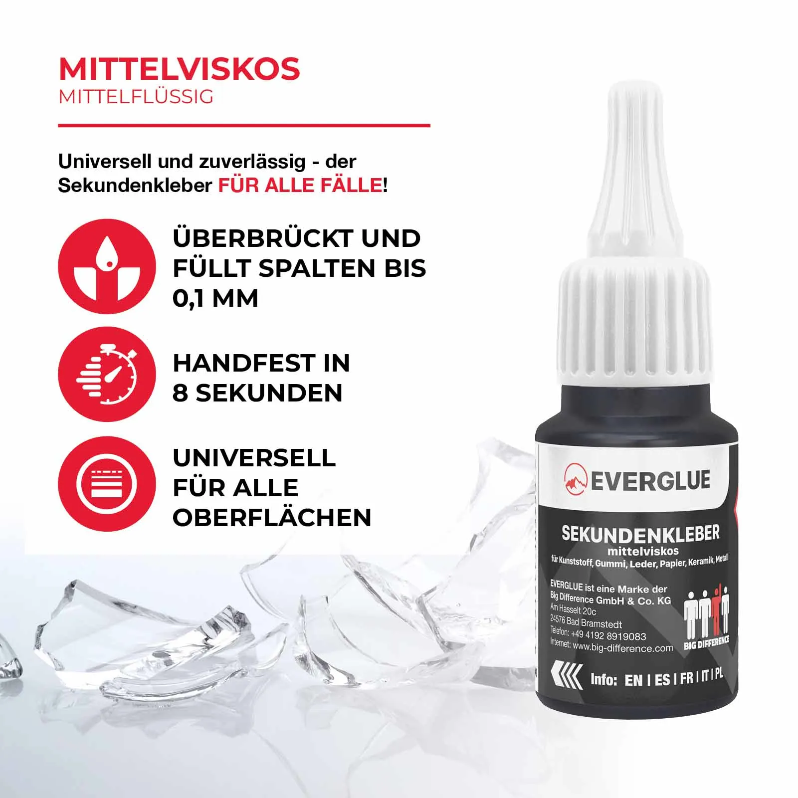Everglue Sekundenkleber Cyanacrylat mittelviskos 20g Dosierflasche (mittelflüssig)