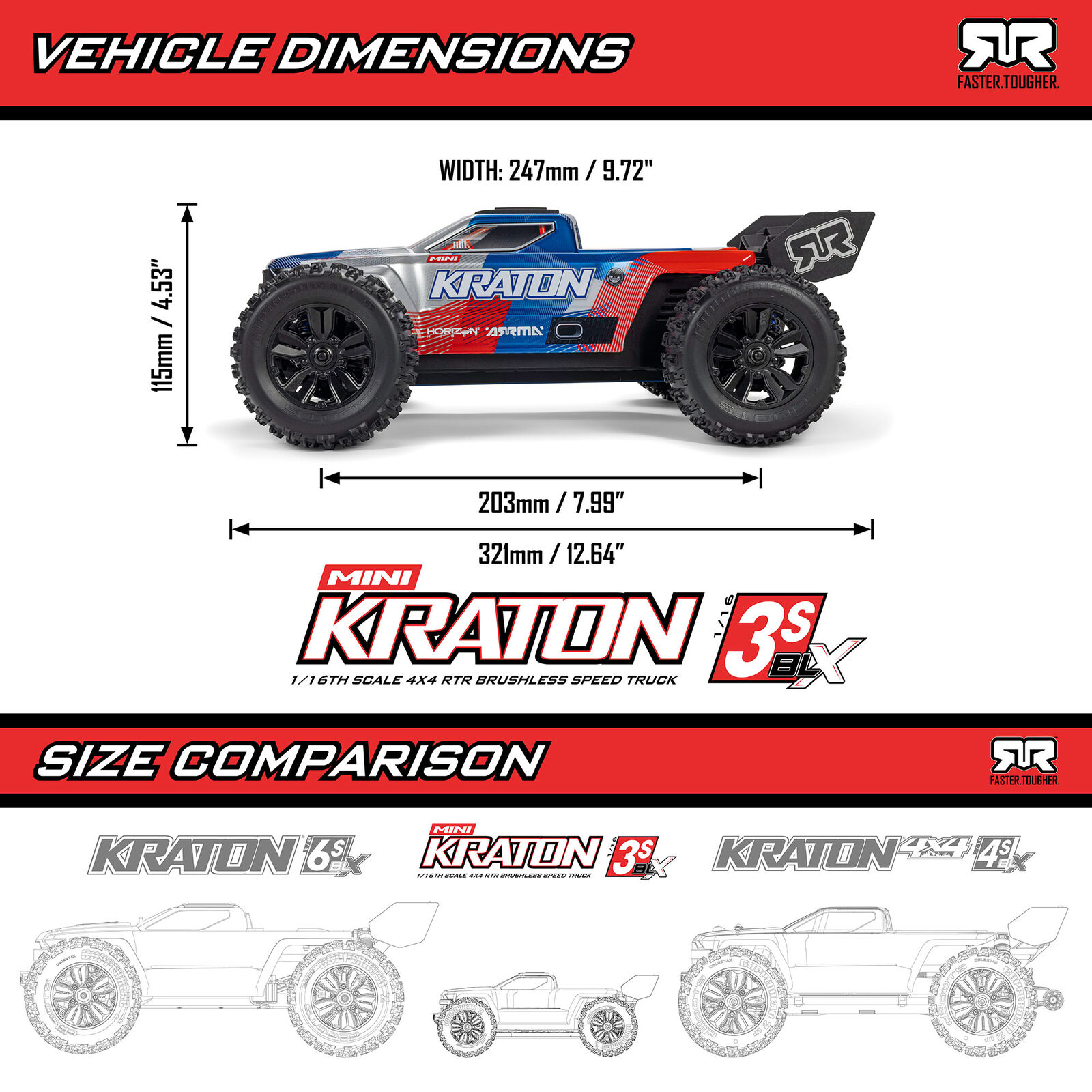 1/16 MINI KRATON 3S DSC 4X4 RTR Brushless Speed Truck (Inklusive Akku & Ladegerät), Rot/Blau